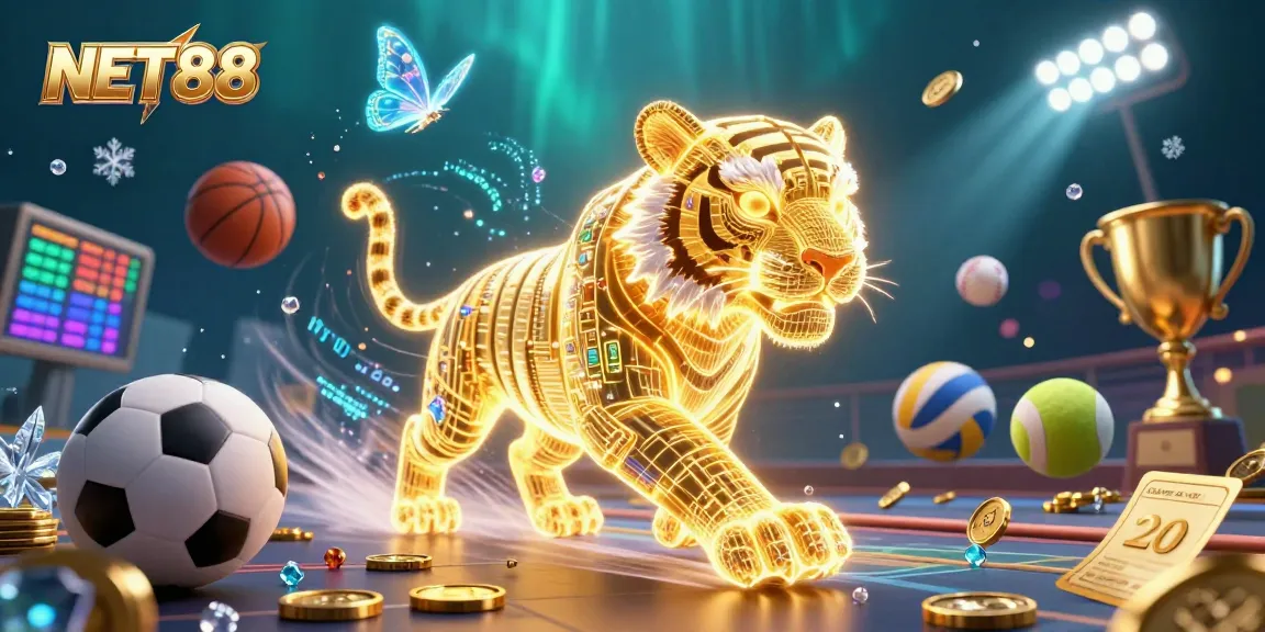 Experience thrilling wins with NET88 in this vibrant 3D digital casino scene featuring a neon tiger.
