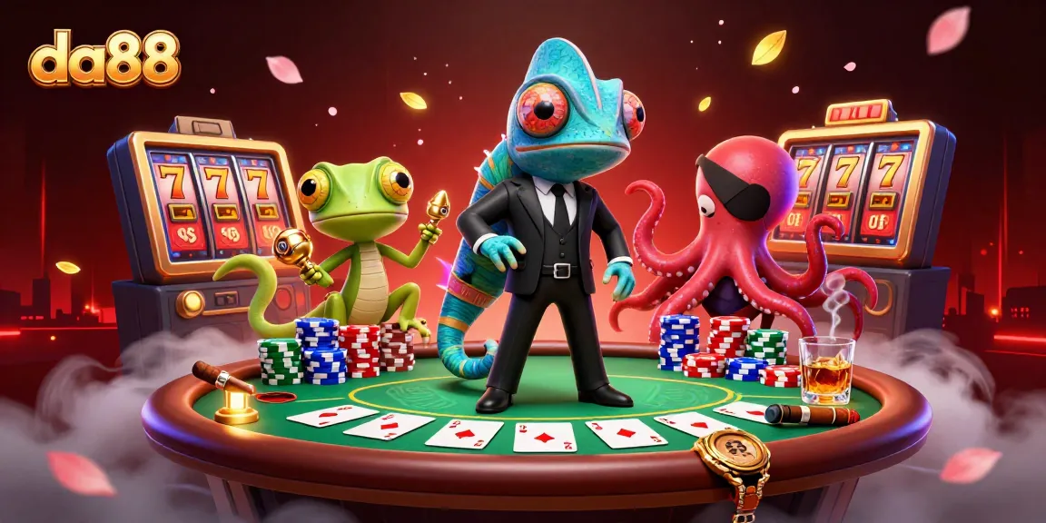 da88 features a vibrant scene with a secret agent chameleon and poker elements, inviting excitement in gambling.