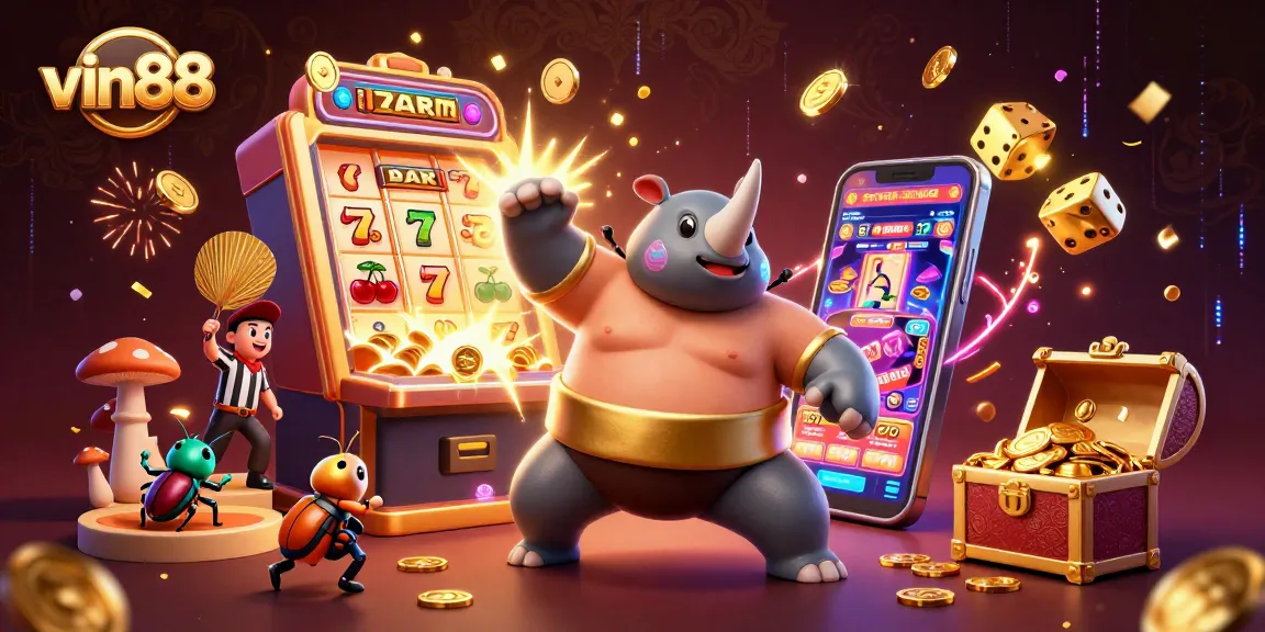 Experience the exciting world of vin88 casino as a rhinoceros beetle champion celebrates with golden coins flying in the air.