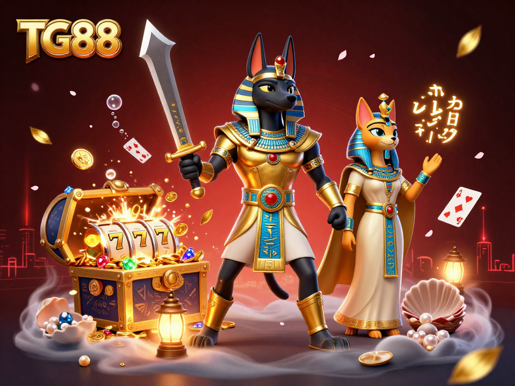 Experience the excitement at TG88 as Anubis leads the way to jackpot treasures amidst a vibrant casino scene.