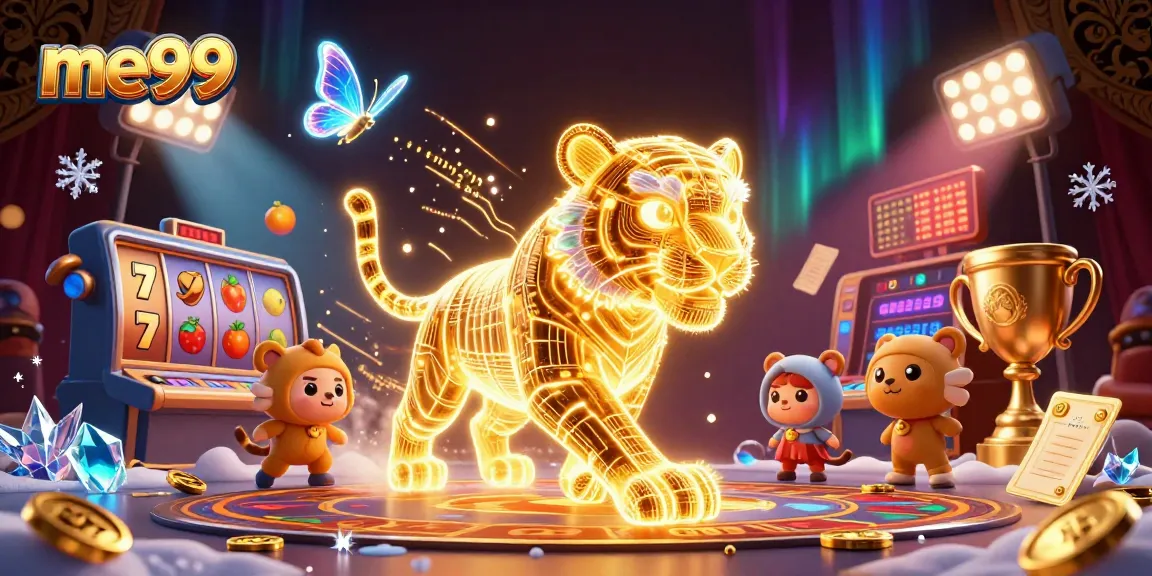 Engage with exciting games at me99 featuring a neon-wireframe golden tiger in a vibrant casino.
