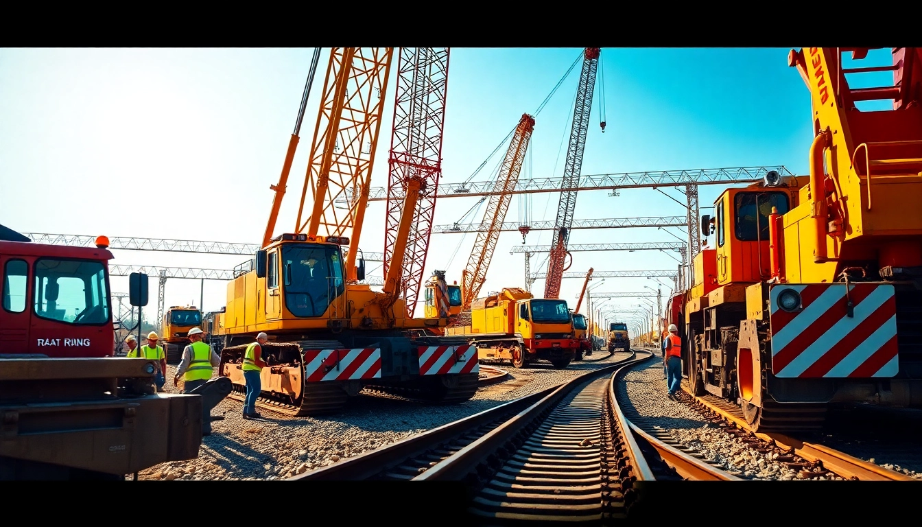 Workers engaged in railroad construction activity with heavy machinery in a busy site.