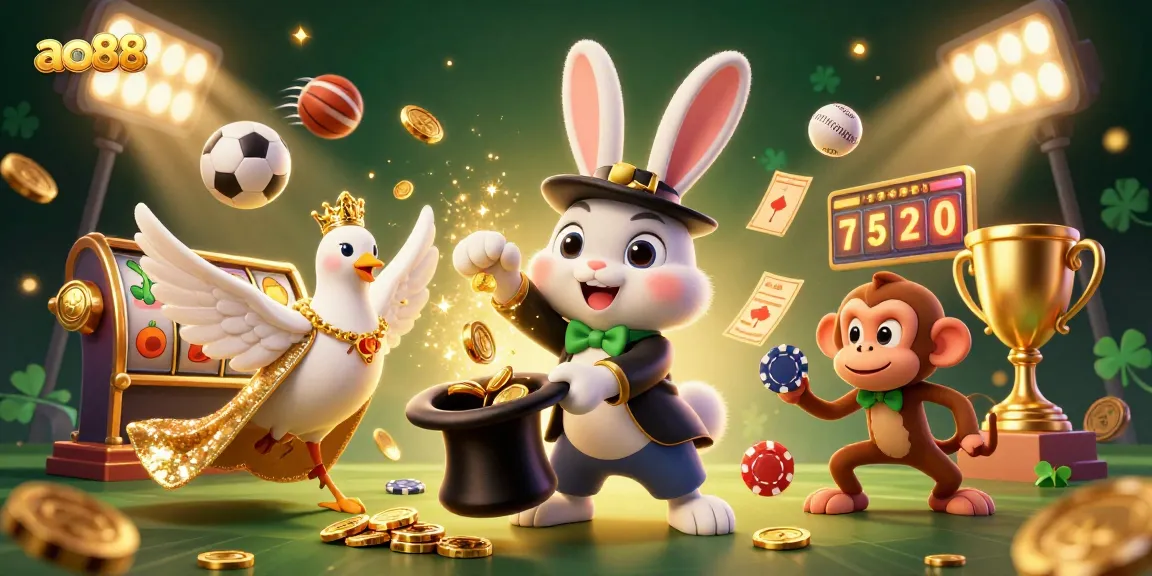 Experience ao88's casino magic with a rabbit, dove, and monkey in a sparkling scene.