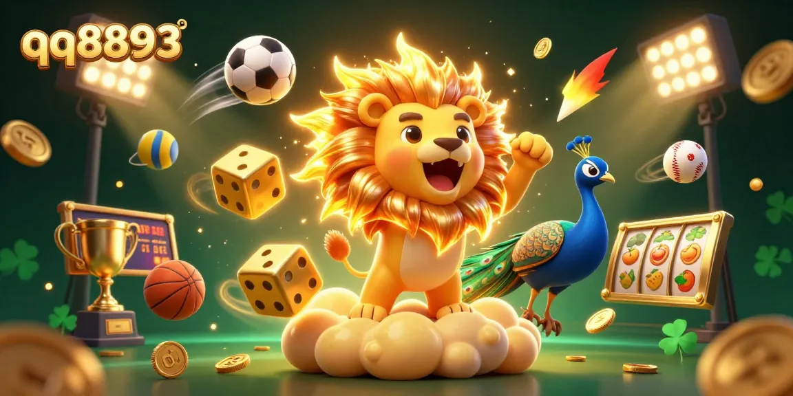 Experience thrilling gaming with qq8893's vibrant 3D casino illustration featuring lively characters and sports elements.