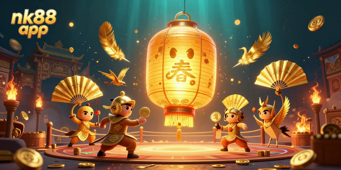 Engage with the thrilling nk88 app featuring golden lanterns and lucky symbols in a vibrant casino scene.
