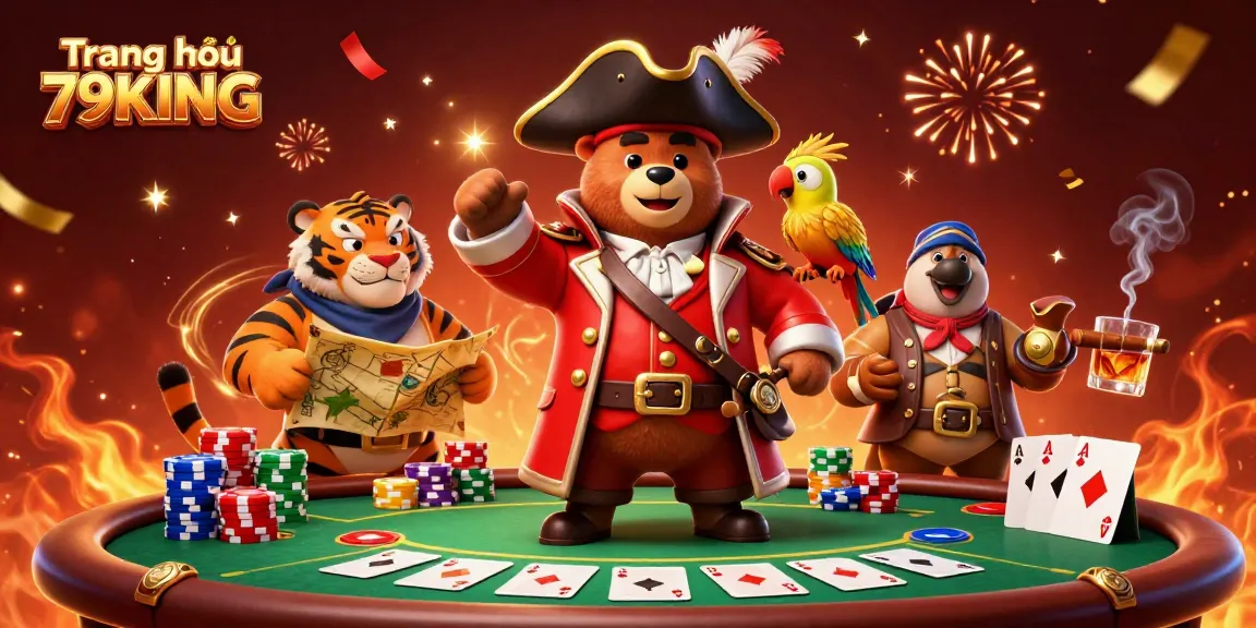 Engage with Trang chủ 79KING in a thrilling poker scene featuring cartoon characters, chips, and game elements.