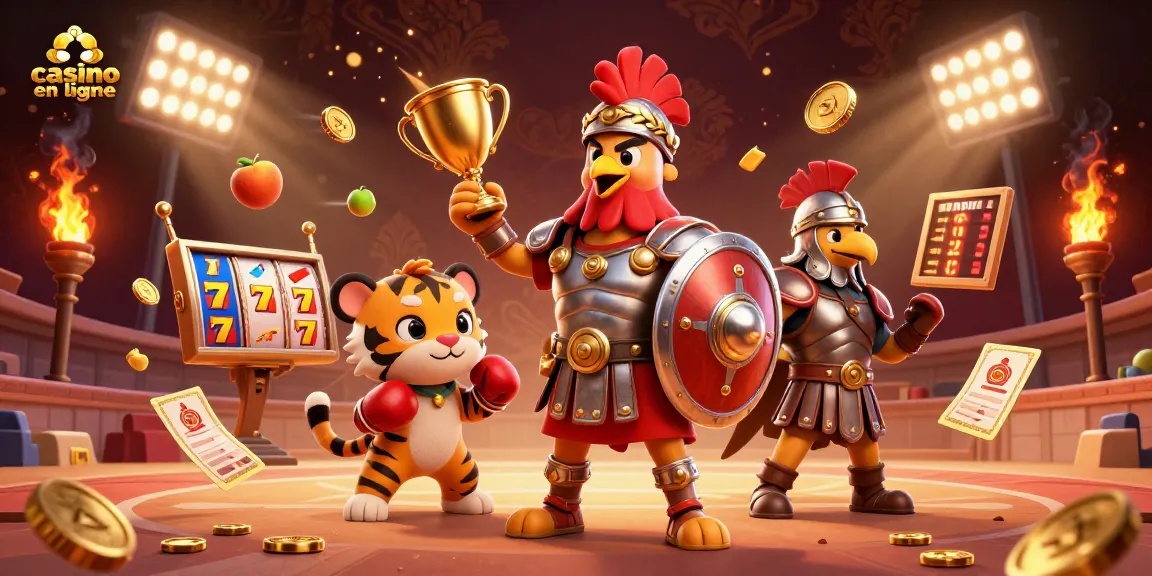 Gagnez au casino en ligne avec une illustration animée d'un coq gladiateur en armure romaine.