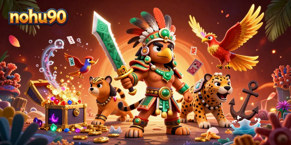 Win big with nohu90 in a vibrant 3D casino scene full of treasures and luck