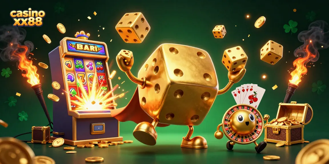 Engage with casino xx88's action-packed scene featuring animated golden dice and a lively slot machine.