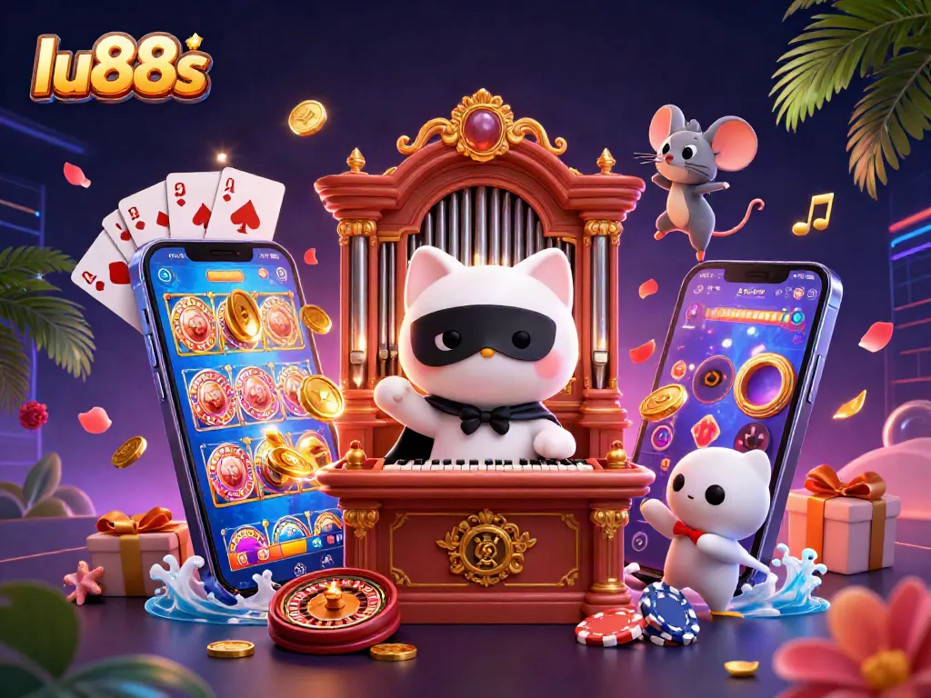 lu88s showcases a magical casino scene with a phantom cat and vibrant slot games.