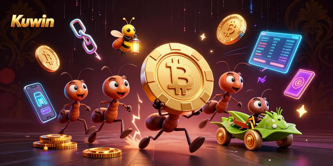 Kuwin showcases a dynamic heist scene with ants stealing a poker chip, set against glowing cryptocurrency elements.