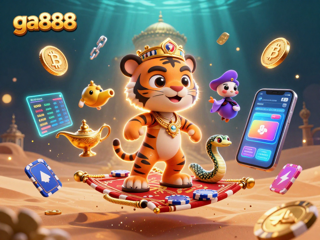 Experience winning adventures with ga888 in this vibrant 3D casino scene of Arabian-themed treasures.