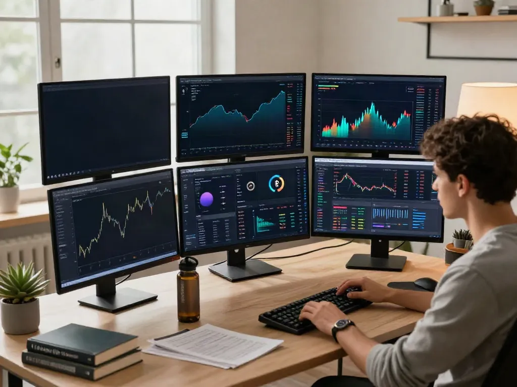 Real-time financial data API workspace showcasing cryptocurrency trading, emphasizing 金融数据接口 through multiple screens and advanced tech.