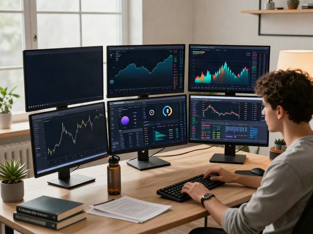 Real-time financial data API workspace showcasing cryptocurrency trading, emphasizing 金融数据接口 through multiple screens and advanced tech.