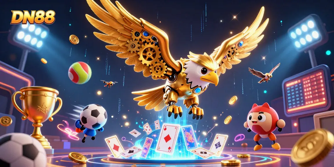 Experience the thrill of winning with DN88, highlighting a cybernetic golden eagle amidst dynamic sports betting elements.