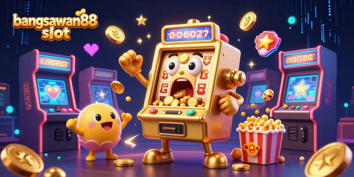 Experience the excitement of bangsawan88 slot as cartoon slot machines celebrate a jackpot in vibrant illustration.