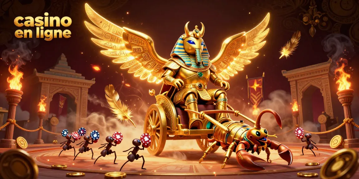 Illustration du casino en ligne avec un scarabée doré majestueux et des scorpions, représentant l'activité de jeu en français.