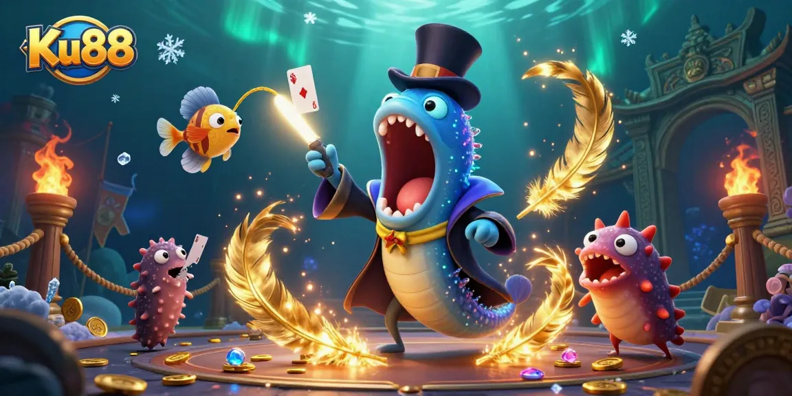 Ku88 showcases a vibrant underwater casino scene with dazzling card tricks by a bioluminescent gulper eel.