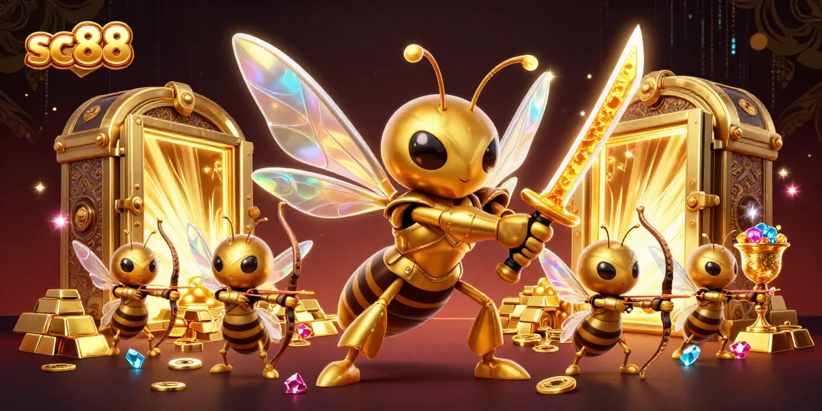 Engage in exciting gameplay with sc88 while dazzling golden hornets illuminate a treasure-filled scene.