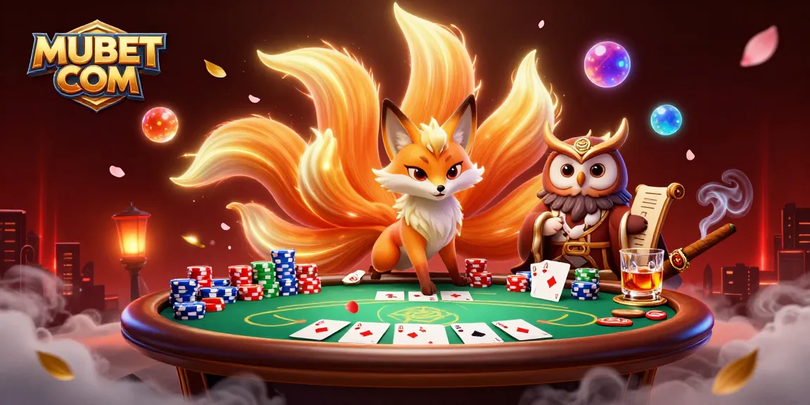 Experience the vibrant energy of MUBET COM with a mystical poker scene featuring a glowing fox spirit.