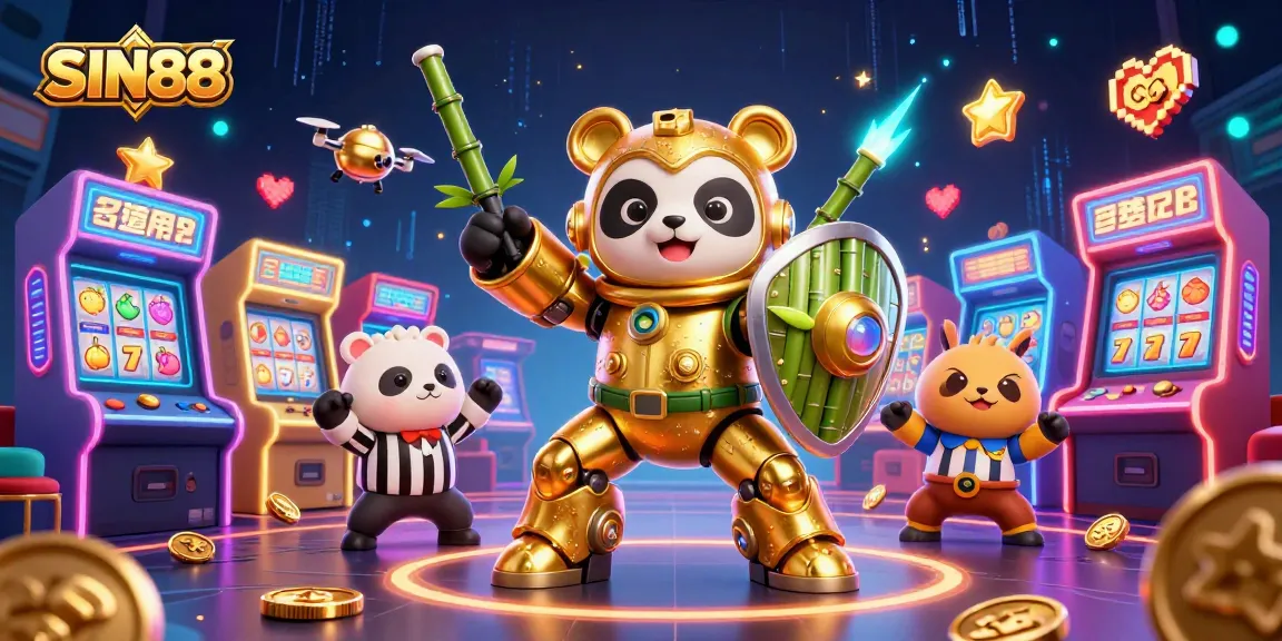 SIN88 showcases a dynamic casino battle with a golden panda in mech, surrounded by vibrant gaming elements and cheering crowd.