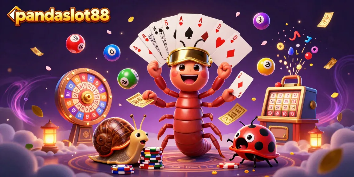 Pengalaman bermain di pandaslot88 dengan dealer kartun yang serba banyak tangan memegang kartu, chip, dan elemen permainan mengelilingi area permainan yang cerah.