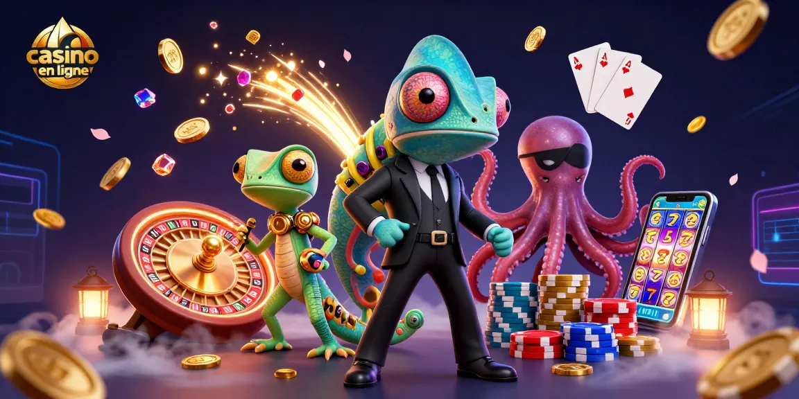 Profitez des jeux de casino en ligne avec une illustration dynamique de l'agent caméléon et ses compagnons.