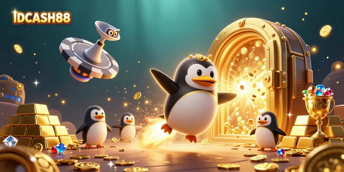 Win with IDCASH88 as a golden penguin blasts through a casino-themed space adventure filled with treasures.