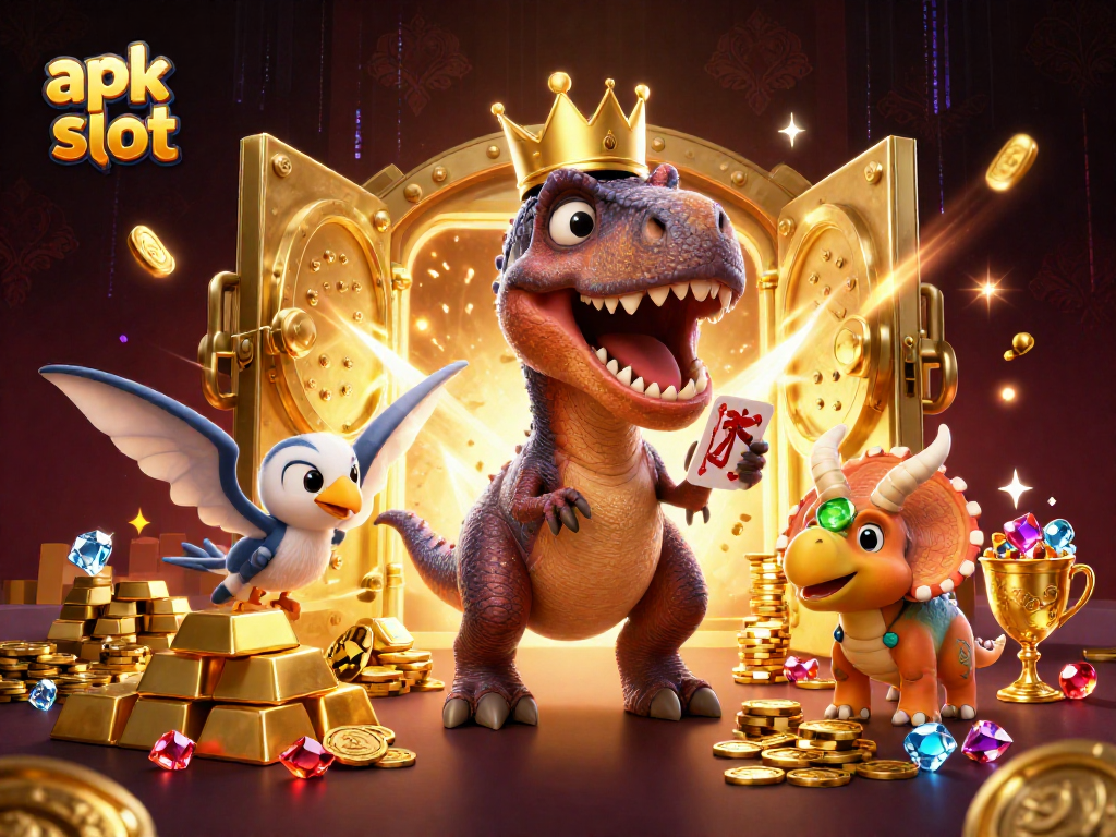 Menggambarkan aksi main apk slot dengan T-Rex dan pterodactyl di kasino, dikelilingi harta karun.