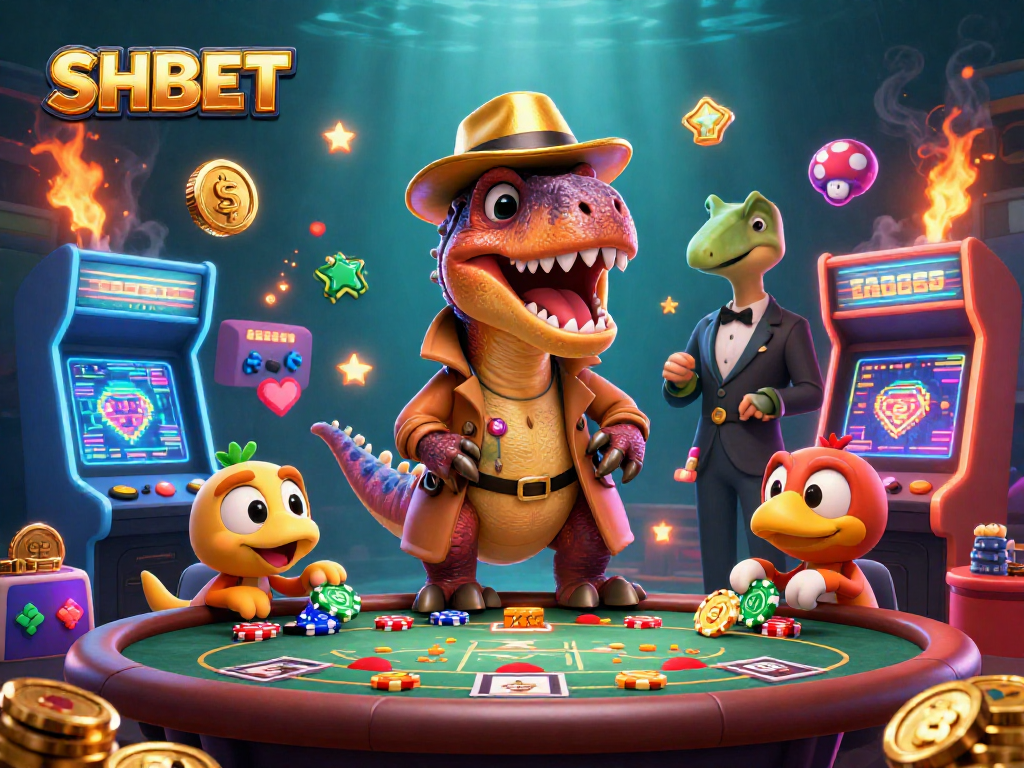 SHBET velociraptor counting cards at blackjack with vibrant casino game elements surrounding
