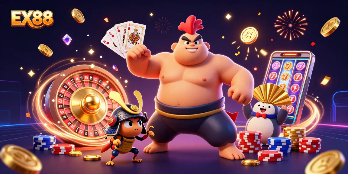 Witness the powerful sumo wrestler rooster and fierce cricket in EX88's vibrant 3D casino celebration.