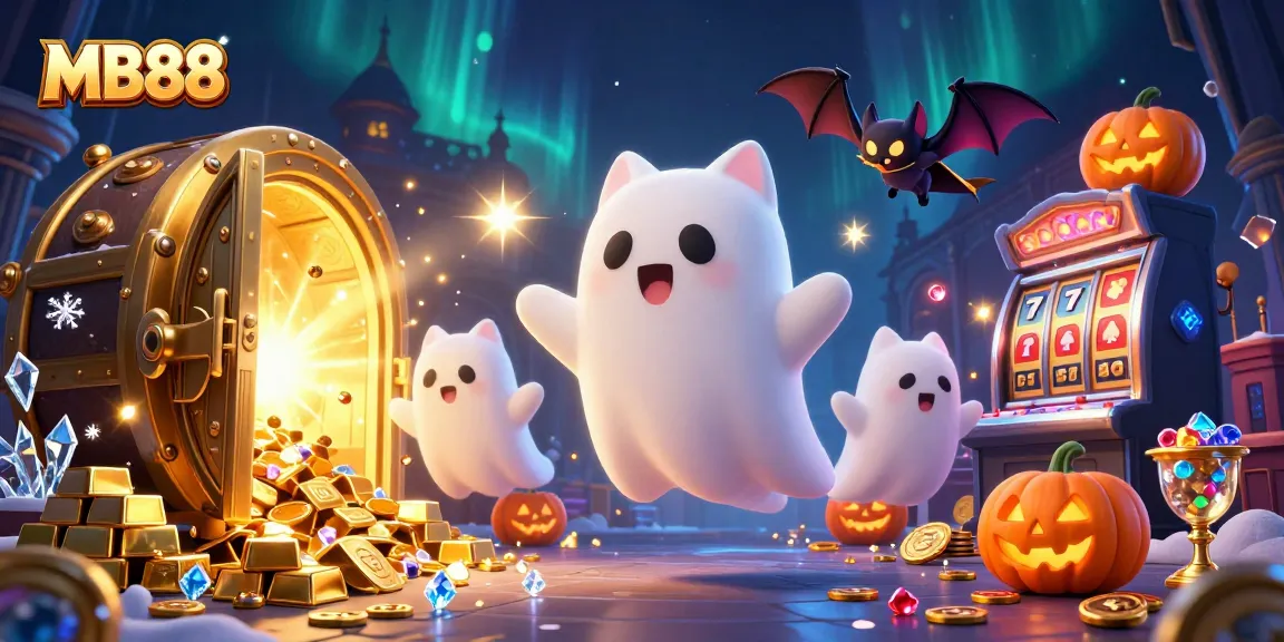 Experience excitement with MB88's ghost cat and vampire bat in a vibrant haunted casino scene.