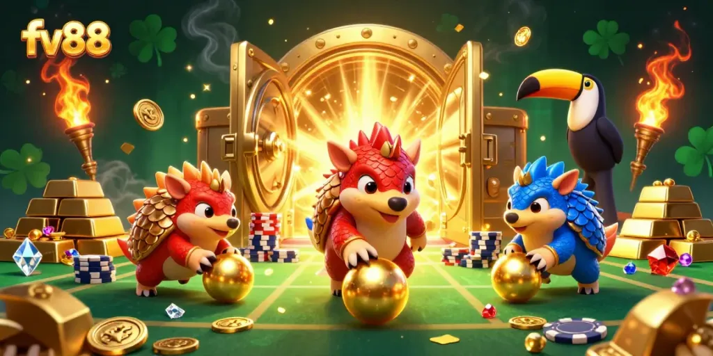 Experience the excitement of fv88 with rival pangolins bowling through poker chips in a vibrant casino atmosphere.