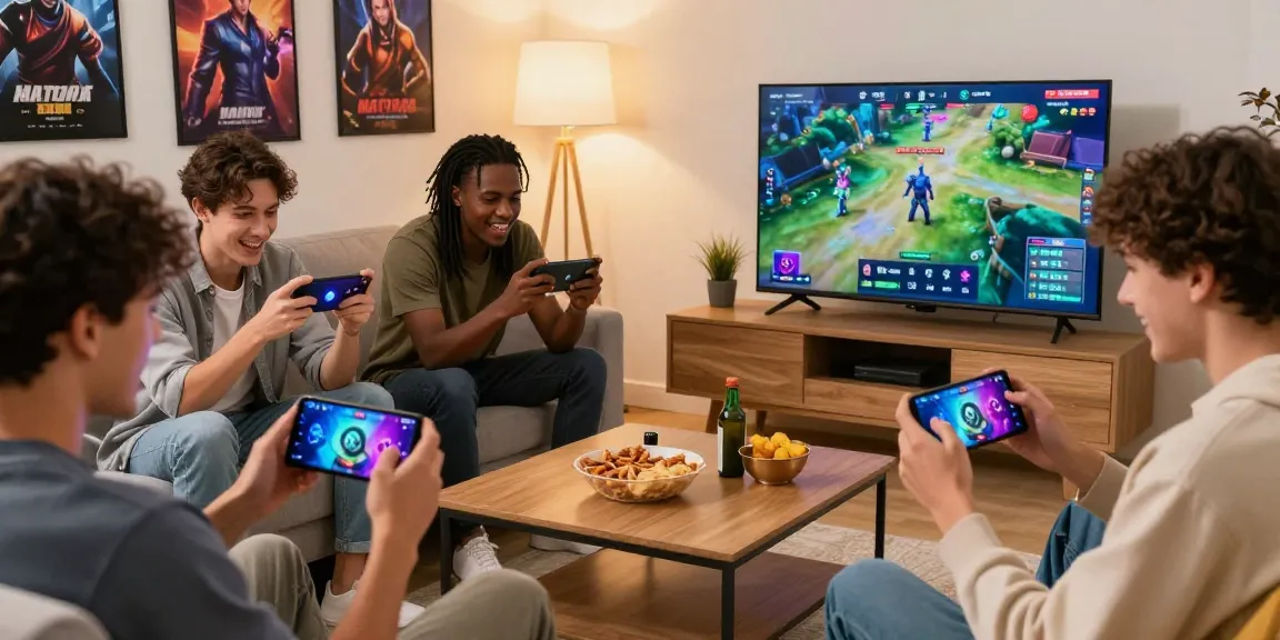 Mobile friends enjoying competitive gaming on MANTRA88 platform in a lively living room setting.