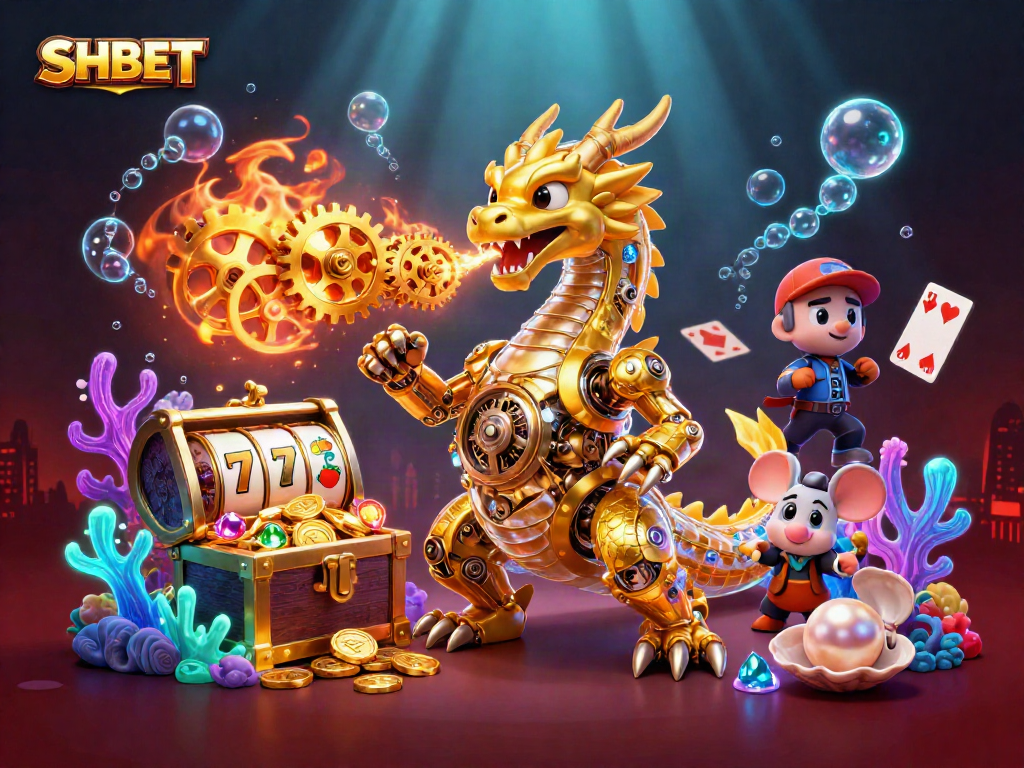 Engage with SHBET's thrilling slots environment featuring a golden biomechanical dragon amidst rich casino elements.