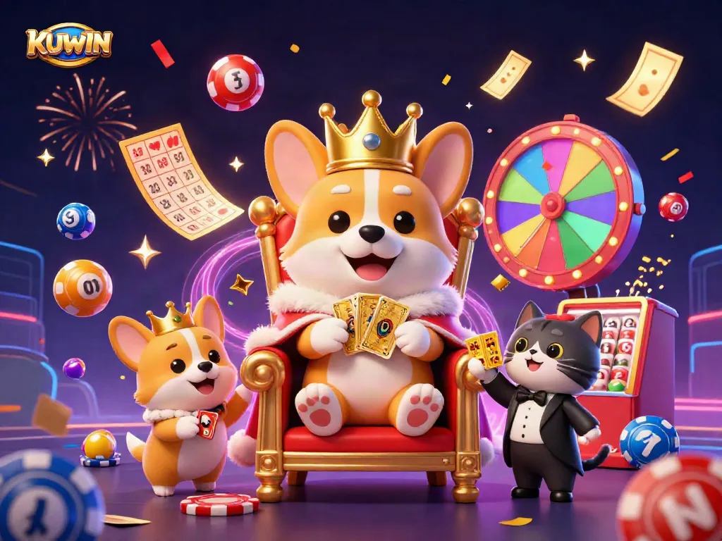 KUWIN brings excitement with a royal corgi amidst colorful gambling elements like jackpots and spinning prize wheels.