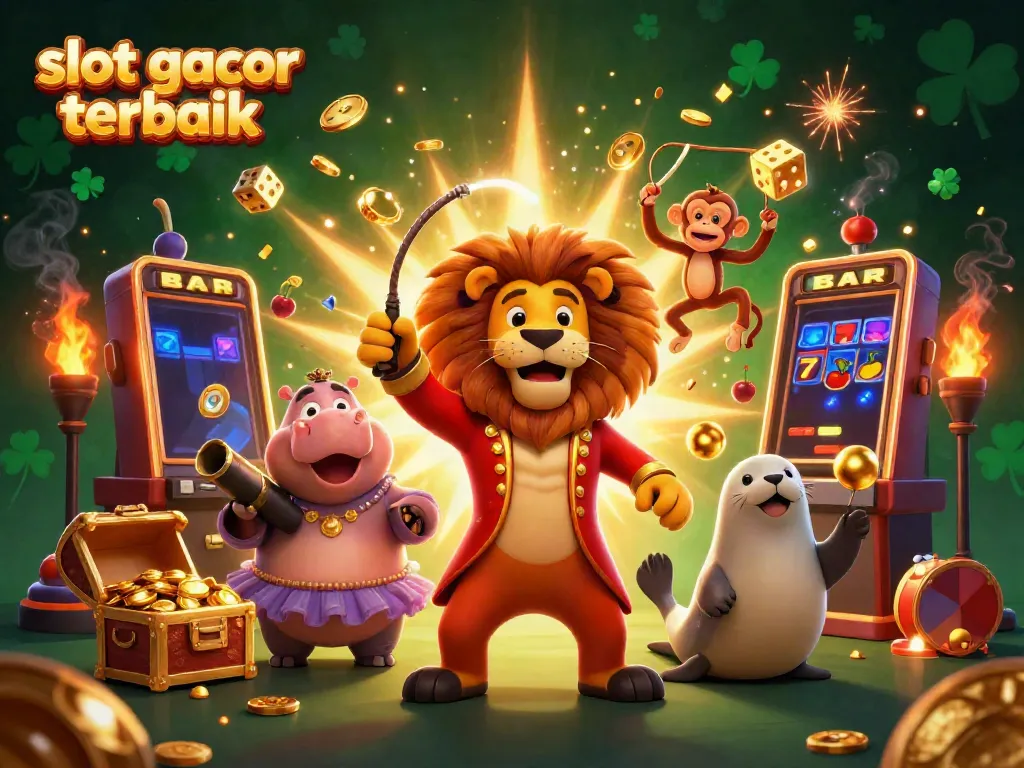 Menangkan slot gacor terbaik dengan ilustrasi sirkus penuh warna dan simbol kasino mengelilinginya.