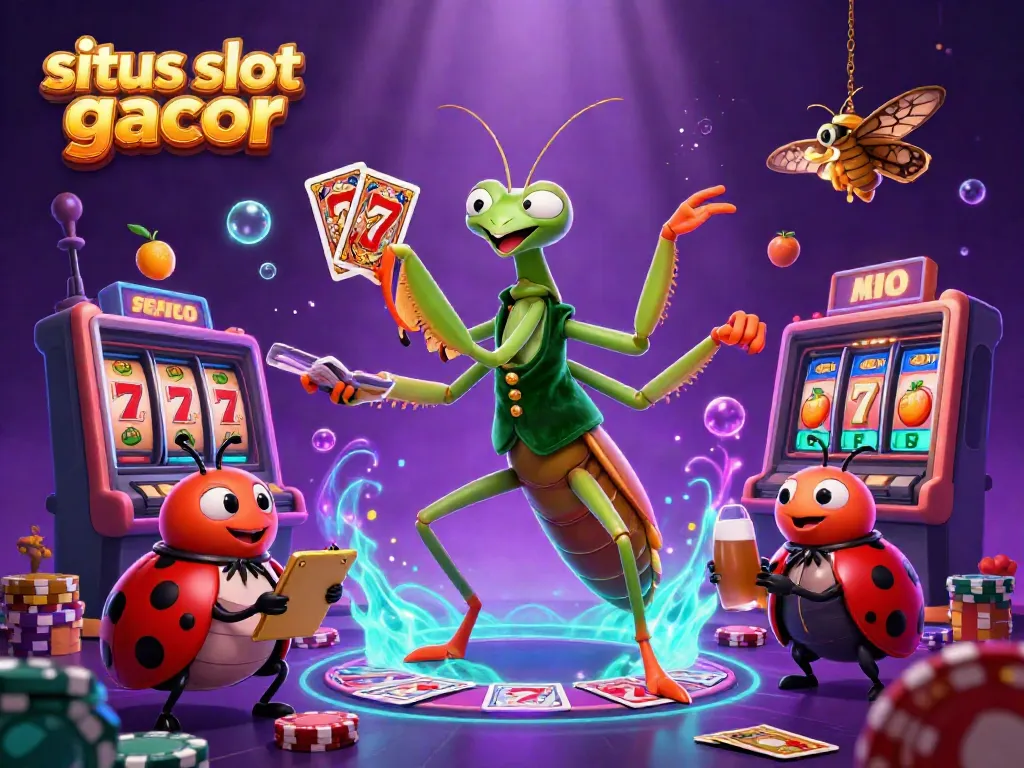 Experience situs slot gacor with a dynamic illustration featuring a card sharp and pit boss amidst slot reels.