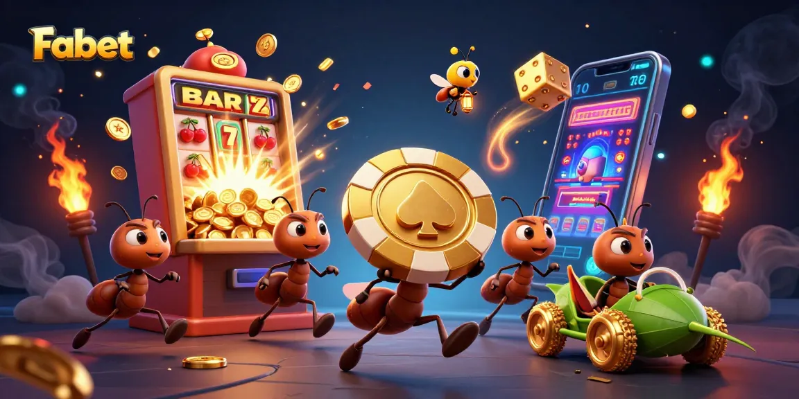Fabet showcases ants in a heist with golden poker chips amidst vibrant casino elements.