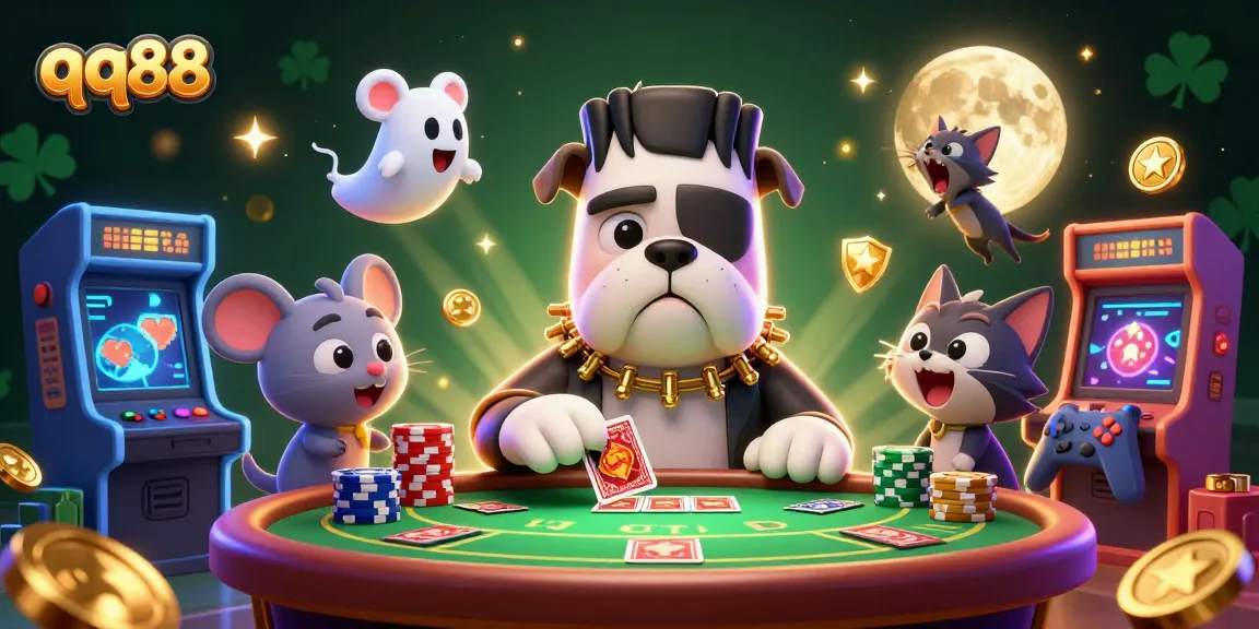 Engaging qq88 poker scene with Frankenstein bulldog dealing cards, ghost mouse, and werewolf kitten.