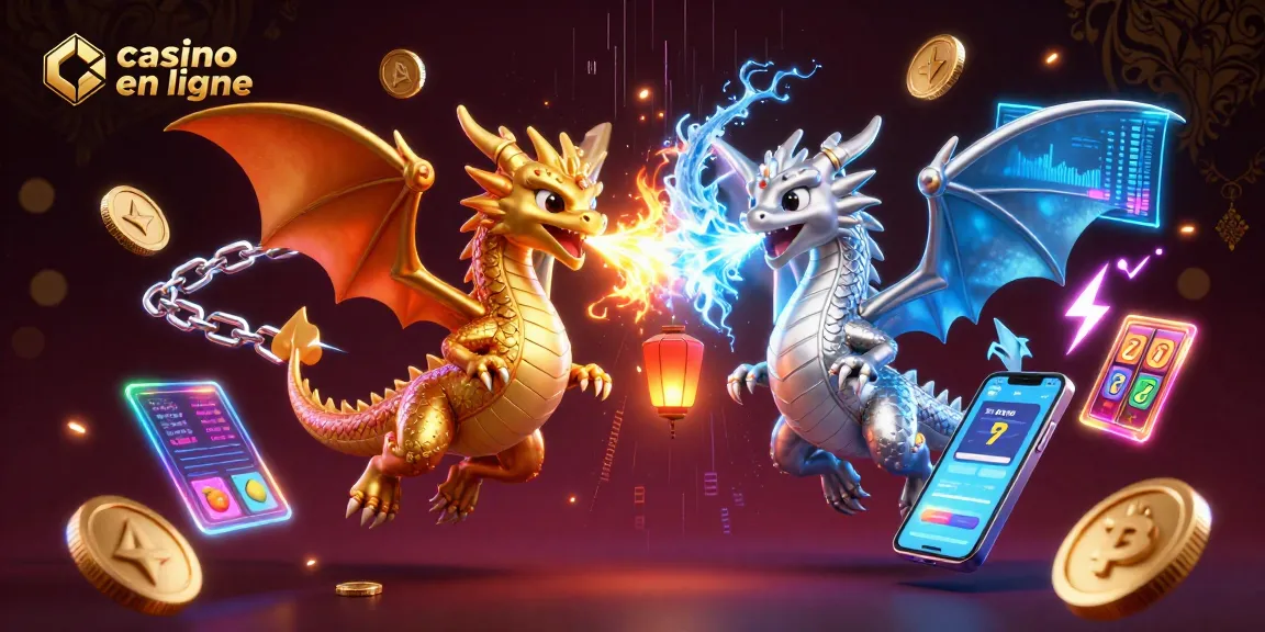 Jouer à casino en ligne avec dragons 3D en feu et glace, éléments de jeu animés et lumineux.