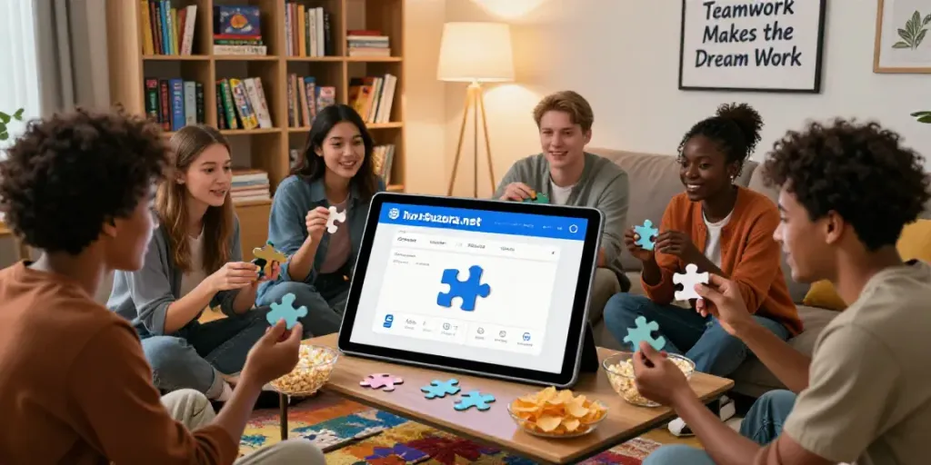 Friends collaborating on puzzles at home, featuring the Puzzora.net logo on a tablet.