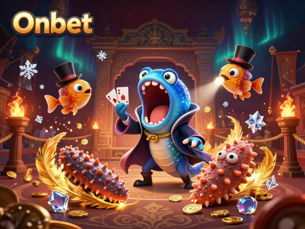 Onbet showcases a bioluminescent eel magician in an exciting gambling-themed 3D underwater casino scene.