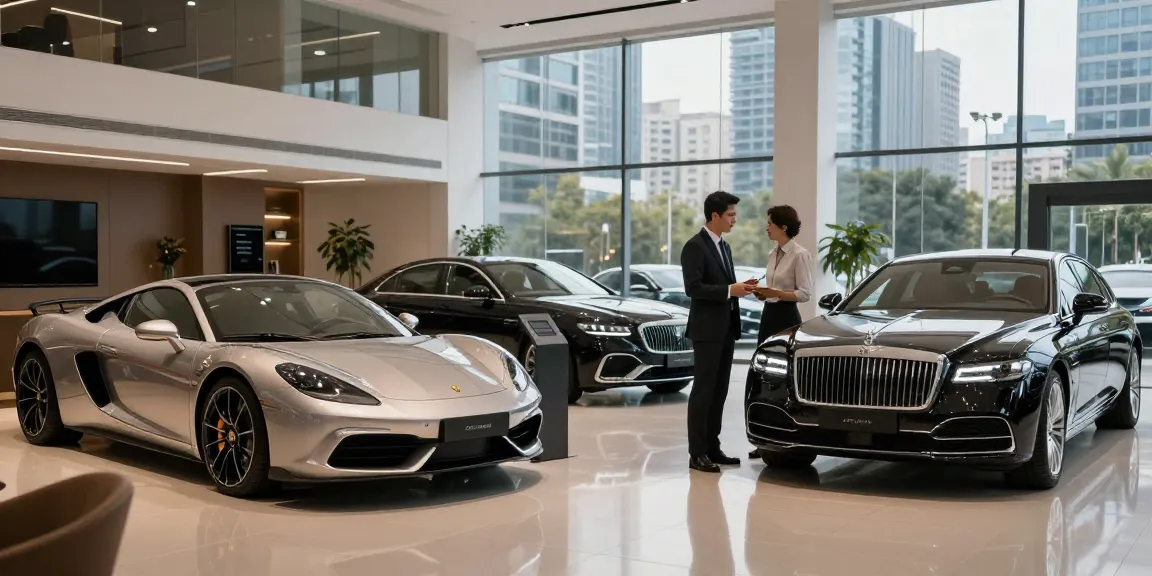 Menampilkan LUXURY 777 di showroom mobil mewah dengan desain yang elegan.