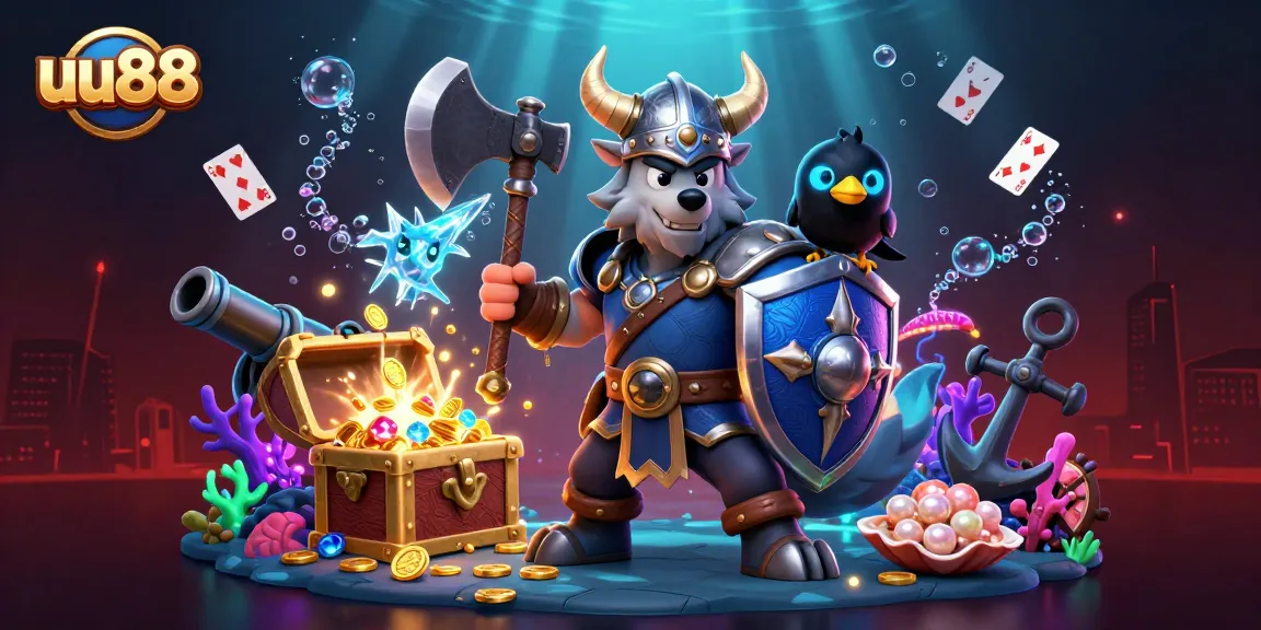 Engage in thrilling gameplay with uu88 featuring Viking wolf warrior, fierce dragon, and treasure-filled underwater scene.