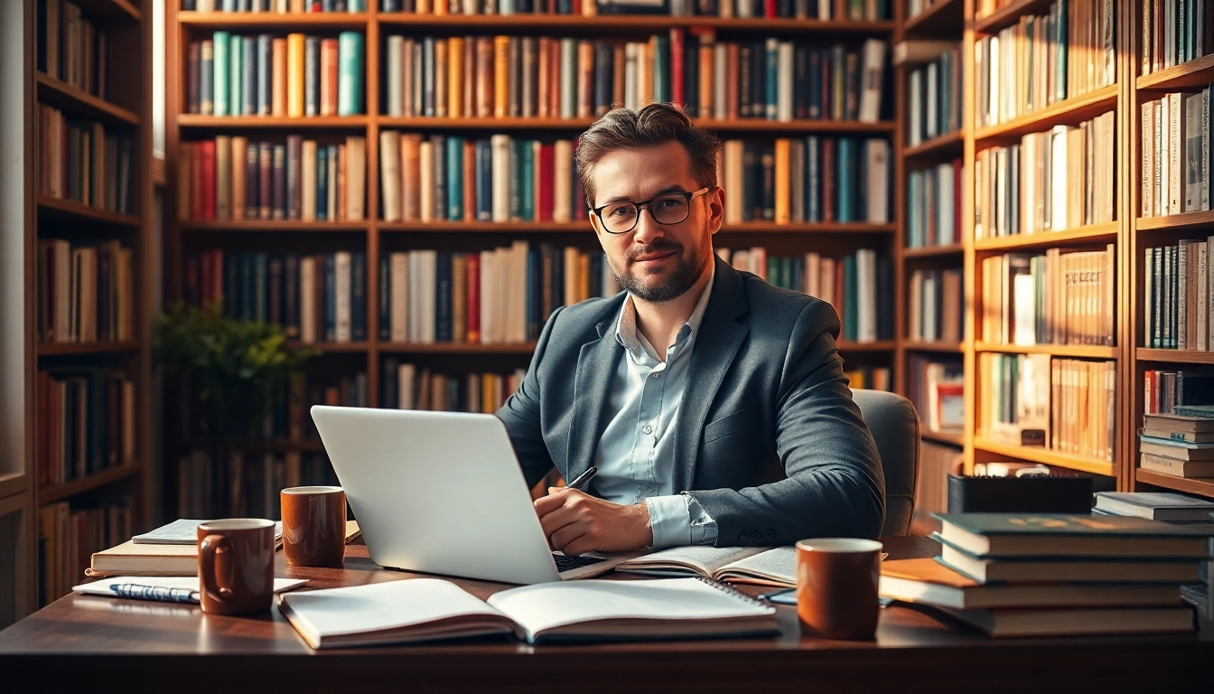 Learn how to publish book in india with a professional author writing in a cozy nook filled with books.