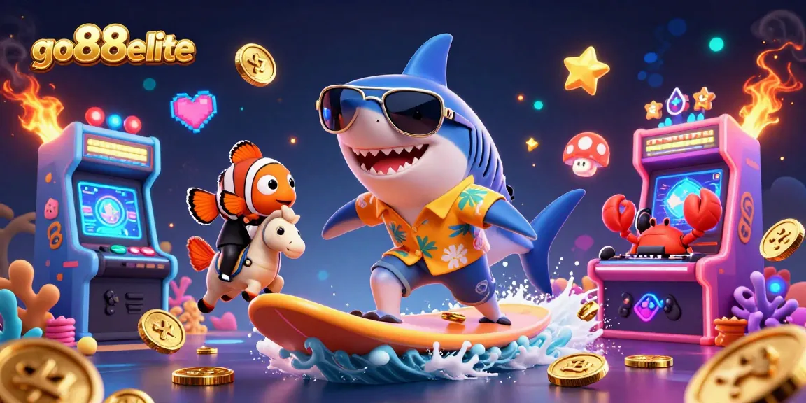Experience the thrill of go88elite with a vibrant casino scene featuring a hammerhead shark and more!