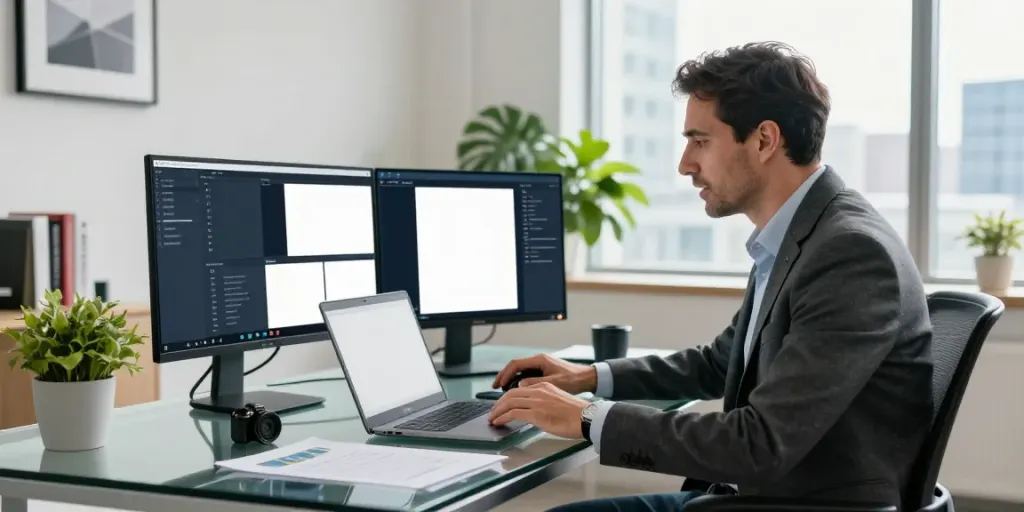 Michael Rustom Consultant in a modern office setting, engaged in a virtual meeting.
