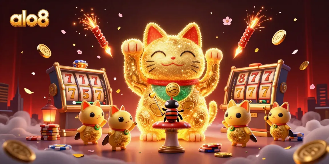 Experience the thrilling world of alo8 with a vibrant illustration featuring a giant lucky cat and casino symbols.