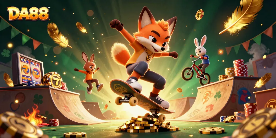 DA88 gamers enjoying vibrant casino action with skateboarder fox and BMX-riding rabbit illustrations.